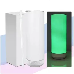 US warehouse 20oz Sublimation Straight Skinny Glow in the Dark Tumbler with White Bluetooth Speaker Stainless Steel Tumbler Mix and Solid Color with Plastic Straw B7