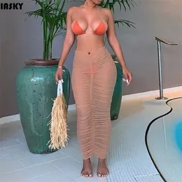 IASKY Neue Sommer geraffte Strand-Cover-Ups Midi-Röcke sexy Frauen durchsichtige Mesh-Bikini-Badebekleidung Badeanzug-Cover-Up T200324