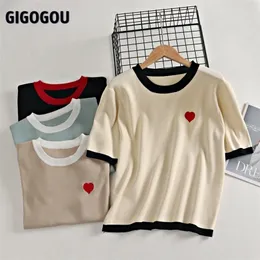 Gigogou 봄 여름 니트 하프 슬리브 여성 T 셔츠 O 넥 루스 캐주얼 탑 패션 자수 숙녀 티셔츠 220408