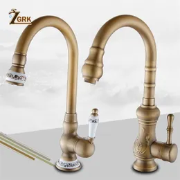 ZGRK Kitchen Faucets Deck Mounted Mixer Tap 360 Degree Crane Antique Brass Kitchen Faucet Rotation Spray Mixer Tap T200424