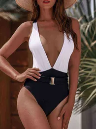 Vigorashely Sexy Deep V Neck Swimwear Women Vintage One Piece Swimsuit Female 2022 Bandage Monokini Solid Bathing Suit Swim Wear Y220423