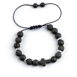 8mm Natural Lava Stone Beaded Handmade Rope Braided Cross Charm Bracelets Women Men Party Club Yoga Energy Jewelry