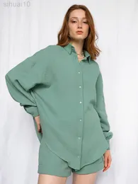 Hiloc Green Cotton Nightwear Pajama с шортами женский набор выключить воротник домашний костюм однобортный гостиная L220803