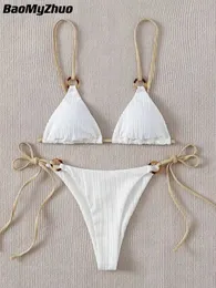 Set bikini sexy carino bianco semplice anello collegato cinturino per spaghetti triangolo perizoma costume da bagno biquini costume da bagno donna