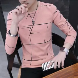 T -shirt Men Autumn Winter Long Sleeve Shirt Stripe Shirt S O Neck Casual Pink White Black 220618