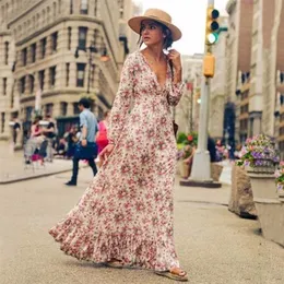 Hippie Floral Print Maxi Dress Women Spring Long Sleeve Vintage Deep V Neck Sexy Vestidos Beach Casual Wear Boho 220613