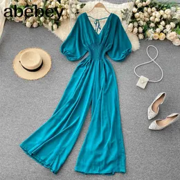 Women Solid Rompers Korean V Neck Backless Puff Sleeve Jumpsuits Summer Chic Elastic Ruched Wide Leg Rompers 210715