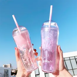 Sakura Cup BPA Darmowe plastikowe S z pokrywką i słomką Summer Kawaii Butelka do wielokrotnego użytku do picia kawy mlecznej 220509