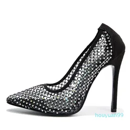 FashionDress Schuhe UVRCOS Sexy Aushöhlen Gemütliche Atmungsaktive Mesh Strass Frauen Gladiator Pumps Mode Dünne High Heels Schwarz Party Hochzeit