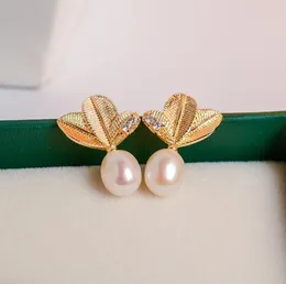 14k Guldinjektion Blad Kristallörören Dangle Chandelier Natural Freshwater Pearl Earrings White Lady/Girl Fashion Jewelry
