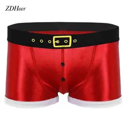 Christmas Mens Gay Underwear Santa Claus Tight Boxer Shorts Faux Leather Printed Belt Pattern Cosplay Come Sissy Underwear G220419
