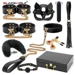 BLACKWOLF BDSM Bondage Kits Genuine Leather Restraint Set Handcuffs Collar Gag Vibrators Sex Toys For Women Couples Adult Games 220817