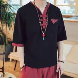 Etnik Giyim V-yaka Çin tarzı gömlek erkekler ince fit Kore kıyafetleri yarım kol 2022 Yaz Maskulina Geleneksel Adam 5xl