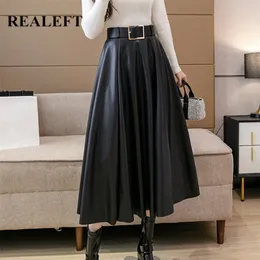 Realeft Autumn Winter Pu Leather Mi-Long Women's Skirts Belted High Waist A-Line Skirt Mid-Calf傘スカート220505