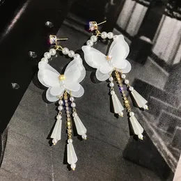 Dangle & Chandelier Sweet Boho Style White Yarn Lace Butterfly Crystal Dangling Earrings Bride Noiva Beach Wedding Decorative JewelryDangle