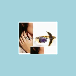 Solitaire Ring Halkalar Takı Altıgen Prizma Taş Doğal Taş Kristal Kuvars Şifa Noktası Chakra Ay Charm Altın Kadınlar için Dro