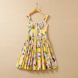 2022 Summer Spaghetti Strap Square Neck Pink Floral Lemon Print Panelled Knee-Length Dress Elegant Casual Dresses 22Q151632