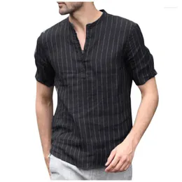 Men's Casual Shirts 56# Striped Blouse For Men Stand Short Sleeve Camisas Hombre Cotton Linen Loose Button Up Roupa MasculinaMen's