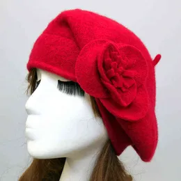 Elegant Flower 2020 New Autumn Winter 100 Wool High Quality Sticked Woman Hats Kvinnor basker J220722