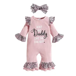 Lioraitiin 0-18M born Infant 2Pcs Baby Girls Outfit Letter Leopard Print O-Neck Flare Sleeves Jumpsuit Headband 220525