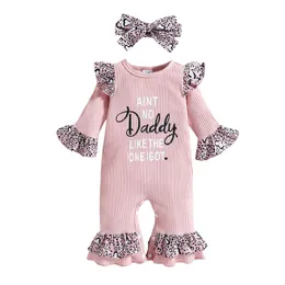 Lioraitiin 0-18m Nascido Infantt 2pcs Baby Girls Roupet Letter Letter Leopard Print O-Gobes Mangas de Machone de macacão 220525