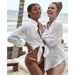 Seksowna nowa koszula plaża w górę biała bawełniana sukienka plażowa luźna tunikowa bluzka kieszonkowa długie rękawowe pokrywę stroju kąpielowego Up Casual Beachwear 210319