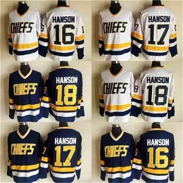 MThr Slap Shot Movie Charlestown 18 Jeff Hanson 17 Steve Hanson 16 Jack Hanson Hockey Jersey Maglie cucite bianche blu Spedizione veloce