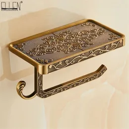 Bathroom Shelves Antique Bronze Carving Toilet Roll Paper Rack with Phone Shelf Wall Mounted Holder E654 Y200108
