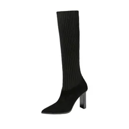 Sexy Pointed Highhigh Stretch Womens Thick with Ing Socks Wild Thin Highheeled Boots Y200114 GAI
