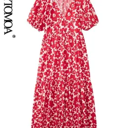 Kvinnor mode med rufflade tryckt poplin midi klänning vintage v hals korta ärm kvinnliga klänningar vestidos mujer 220526