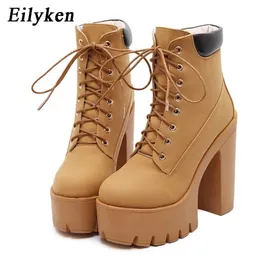 Eilyken Fashion Spring Autumn Platforme Botki Kobiety koronkowe grube obcasowe buty jeździeckie damskie buty robotników czarne 201103