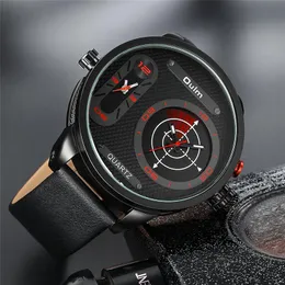 Armbanduhren Oulm Mode Zwei Zeitzonen Armbanduhr Große Größe Echtes Leder Herrenuhren LED Radar Stil Männliche QuarzuhrArmbanduhren