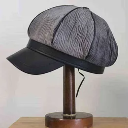 Moda Kış Şapkaları Kadınlar için PU Deri Octagonal Gazete Erkek Şapka Kadife Bayanlar Günlük Vizör Bere Şapka Kadın Sıcak Ressam Kapağı J220722