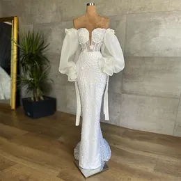 Elegancka aplikacja Syrenka Suknie Wieczorowe Off The Ramię Z Długim Rękawem Dubai Kobiety Party Suknie Illusion Custom Make formalna sukienka ślubna