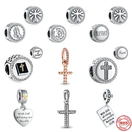 925 Silver Charm Beads Dangle Faith Blessed Prayer Cross Bead Fit Pandora Charms Bracelet DIY Jewelry Accessories