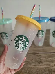 Starbuck Mermaid Goddess Color Changing Mug Confetti Mug 24oz / 16oz Plastic Tumbler Reusable Straw Clear Drinking Flat Pillar Lid