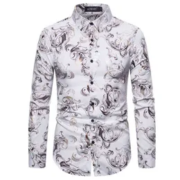 Mens Casual Button Down Dress Shirts Hipster White Floral Bronzing Print Shirt Men Party Wedding Groom Tuxedo Shirt Male Chemise L220704