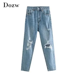 Lady Retro Hole Ripped Blue Jeans full längd Fashion Chic Pencil Pants Female Baggy Mom for Women Pantalon Femme 210515