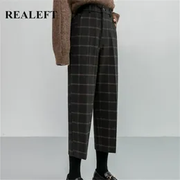 REALEFT Winter Vintage Plaid Woolen Pants Fashion High Waist Pockets Thicken Warm Ankle Length Casual Trousers Female 220325
