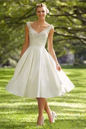 Aproximação do joelho vintage Um vestido de noiva de linha com gola em V, vestidos de noiva de cetim de marfim com bolsos simples na noiva, vestidos de recepção formal 2022