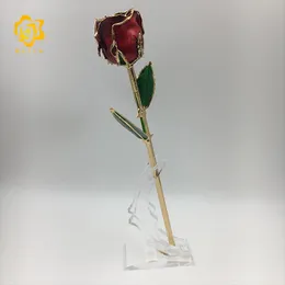装飾的な花の花輪インチドライローズは、バレンタインデーギフトのための素敵なギフトボックスが付いた24kの金メッキパールレッドカラーレアルレアルメイド