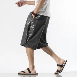 Herrdräkter blazrar etnisk stil shorts sommar retro mäns plus storlek broderade byxor kinesiska pan spänne avslappnad fempunkt byxor