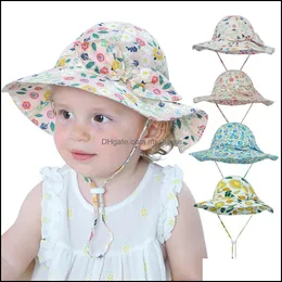 Baby Kids Sun Caps Grenadin Solid Färger Fl Flowers Print Girl Summer Protect Neck Sunbonnet Ventilera Bekväm visör med Bow Drop Deli