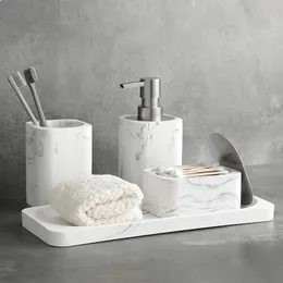 Acessórios para o banheiro Conjunto de aparência de sabão de mármore branco Dispensador de algodão Truque de leaneira de leaneira Tumblertoothbrush Suporte e bandeja 220624