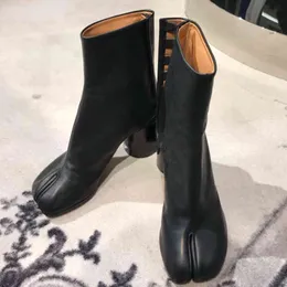 Scarpe eleganti Donna Stivale con punta divisa in vera pelle Ninja Tabi Mucca tacco grosso rotondo Caviglia donna alta Ladie 220718