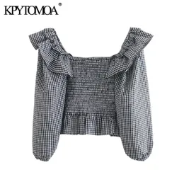 KPYTOMOA 여성 패션 탄성 얼룩이 자르는 주름 장식 된 크롭 블라우스 빈티지 랜턴 슬리브 격자 무늬 암컷 셔츠 블루스 세련된 탑 210401