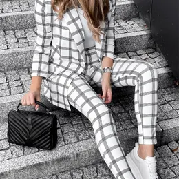 Womens Plaid Printed Suit Set Female Long Sleeve Jacket Bottom Pants Twopiece Spring and Autumn Casual 220801