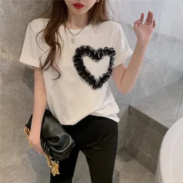 White Black Short Sleeve Tshirts Women Japan Korean Summer 2022 Casual Loose Daily Chic Heart Solid Tops 220613