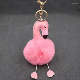 Keychains Simulation Rex Fur Pink Flamingo Key Chain - Beach Bag Purse Charm Gold Ring Fluffy Ball Fashion Gift Enek22