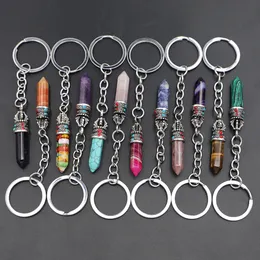 Fashion Natural Stone Hexagonal Column Crown Keychain Women Crystal Rose Quartz Key Rings Bag Car Jewelry Party Friends Gift